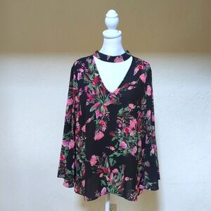 LIKE NEW Eva Mendes Collection Black Floral Bell Sleeve Choker Blouse Si…